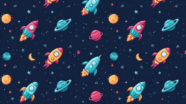 Whimsical space-themed seamless pattern with rockets and planets.