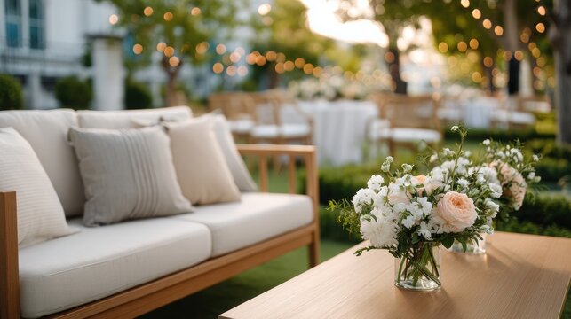 Elegant outdoor wedding reception setup featuring a wooden table, floral centerpiece, and comfortable seating with soft cushions in a beautifully decorated garden setting
