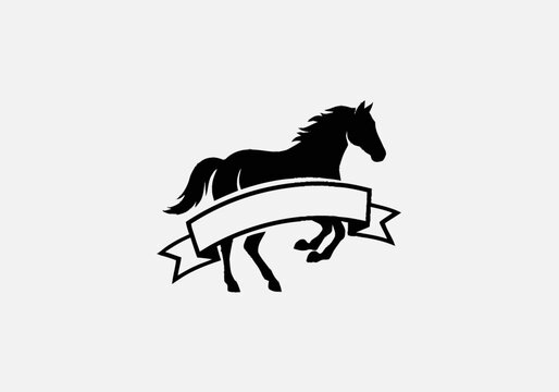 Black silhouette of a horse's hindquarters and leg with a flowing tail