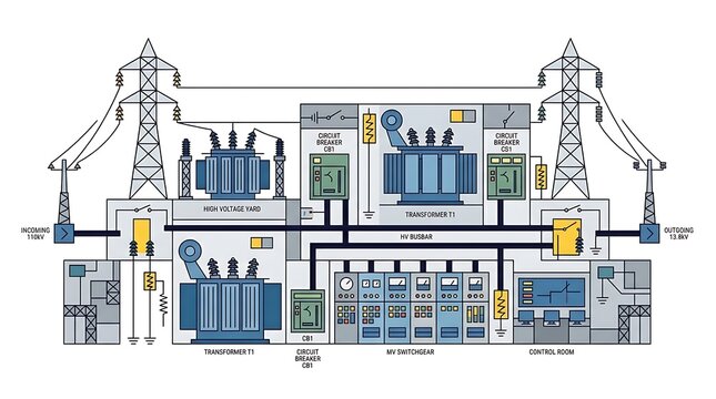 Diagram of electrical power transmission and distribution system with high voltage towers and transformers