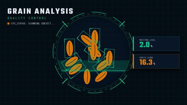 Futuristic Grain Analysis Interface with Digital Seed Scanning HUD Animation