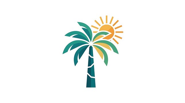 Abstract palm tree logo with sun rays and teal leaves on white background