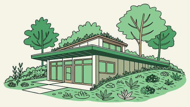 Modern eco friendly earth sheltered house illustration with sheltered, landscape