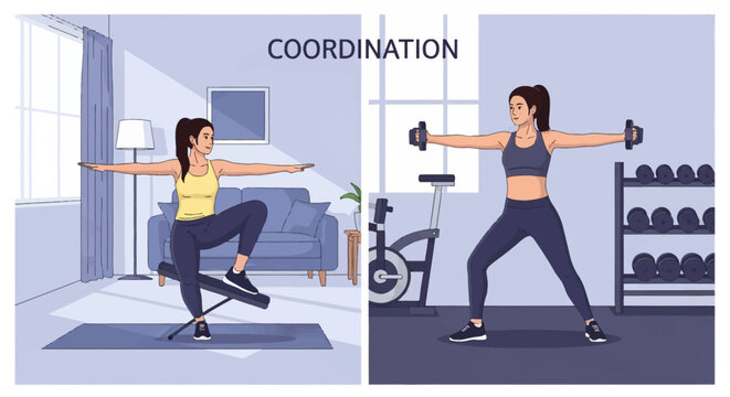 Vector illustration demonstrating coordination; left side shows a woman balancing on one leg on a bench at home, right side shows her performing dumbbell lateral raises in a fitness gym.