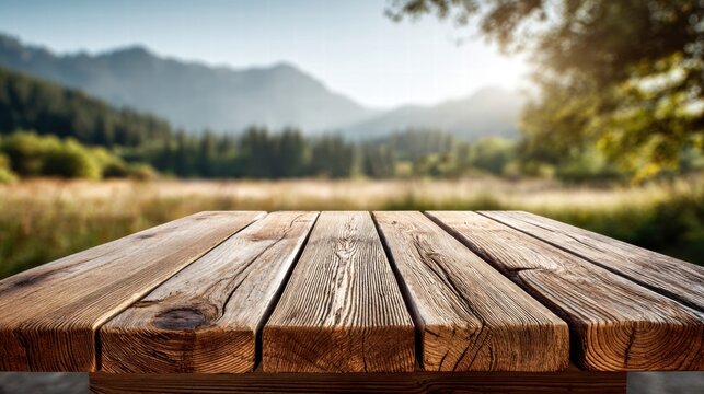 Wooden table with a scenic mountain background
