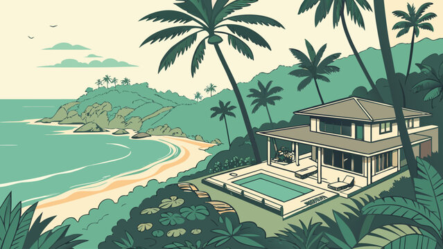 Tropical luxury beachside villa with swimming pool and ocean view, tropical