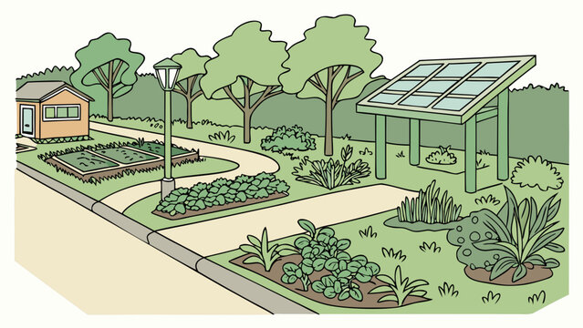 Isometric community garden with solar panels and garden beds, isometric