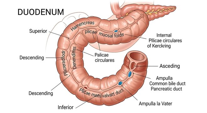 Anatomical diagram of the human duodenum structure.