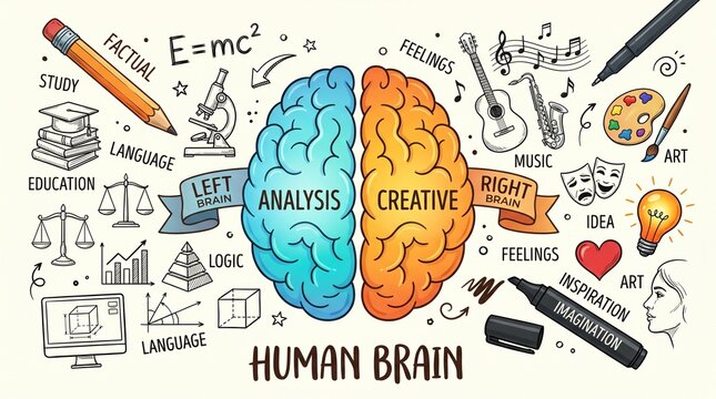 Exploring the intricate duality of the human brain, illustrating the logical and creative hemispheres with a rich array of symbolic representations for thought processes and innovation