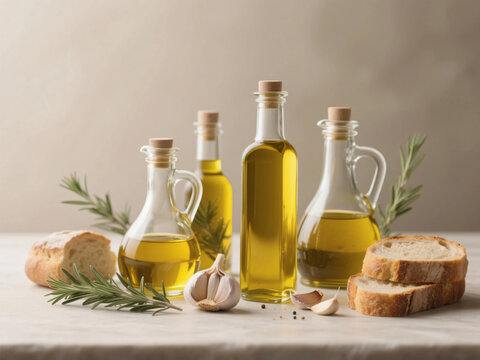 Minimalist olive oil composition with glass bottles fresh herbs garlic and bread on neutral background creating elegant culinary still life with soft lighting and modern natural aesthetic