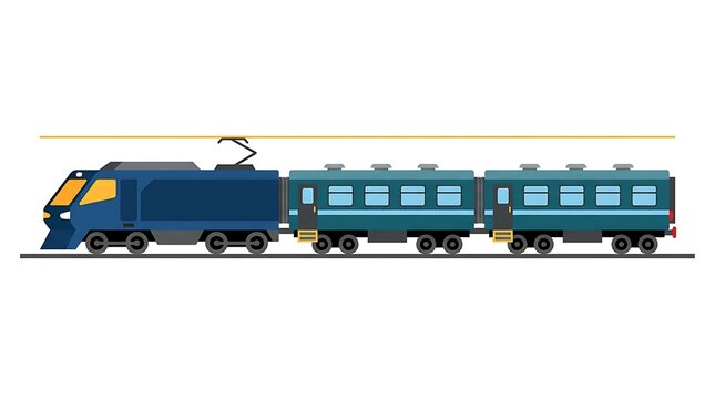 Modern electric passenger train with blue locomotive and connected carriages on tracks