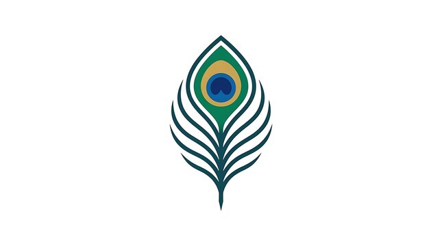 Minimalist stylized peacock feather logo in deep teal and blue