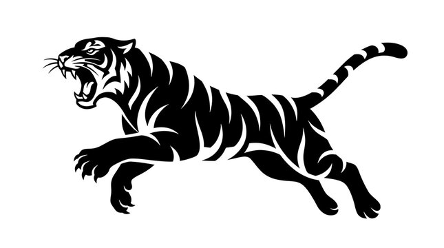 Black and white vector illustration of a roaring tiger in dynamic running pose