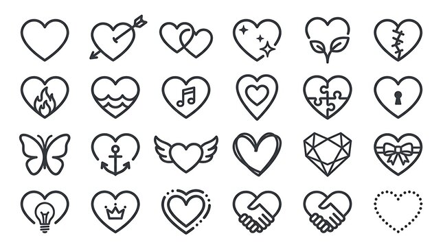 Collection of hand drawn heart icons in various styles and symbolic designs