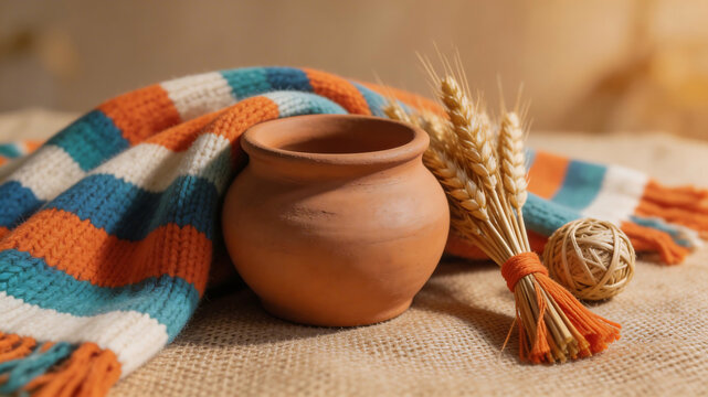 Clay pot with wheat and knitted cloth for creative digital media and visual arts