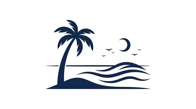 Simple minimalist vector illustration of a lone palm tree on a small island with ocean waves and a crescent moon