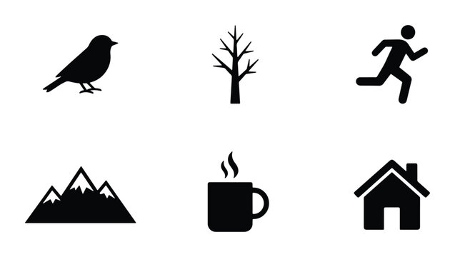 Simple Black Icons: Bird, Tree, Runner, Mountains, Hot Drink, House, Vector Set