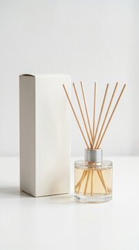 Reed Diffuser Mockup Set, Luxury Home Fragrance Display With Elegant Glass Bottle Natural Reeds Premium Packaging Clean White Background And Spacious Copy Space