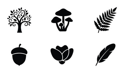 Nature Icons Set: Tree, Mushrooms, Fern, Acorn, Flower, Feather Vector Graphics © Salman
