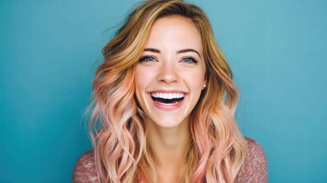 Happy woman with pink hair smiles broadly against a bright blue backdrop.