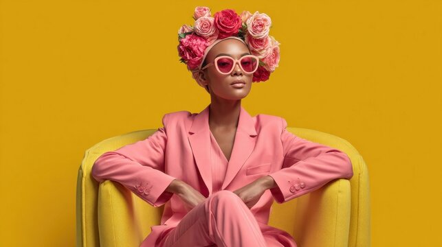 Stylish woman in pink suit and flower crown sitting in a yellow chair
