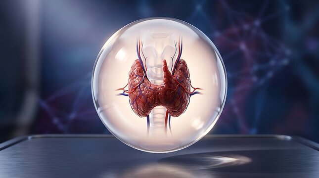 Detailed 3D visualization of the human thyroid gland encased in a transparent bubble, symbolizing medical innovation, endocrine health research, diagnostics, and advanced biological studies