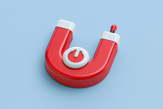 Magnetism, magnetize, marketing and business online strategy concept. 3d vector icon. Cartoon minimal style. Red horseshoe magnet with magnetic power sign on background. 3D icon free to edit.