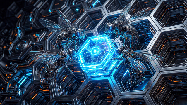 Robotic bees interacting with a glowing digital hexagonal core in a futuristic hive.