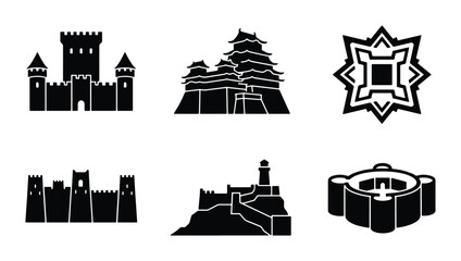 Castle Icons, Fortress Silhouettes, Medieval Architecture Vector Set, Historic Buildings Collection © Roksana