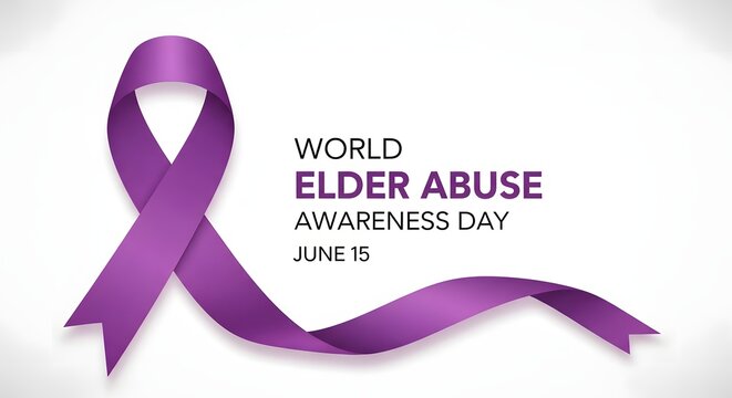World elder abuse awareness day campaign with purple ribbon and text on white background june 15th