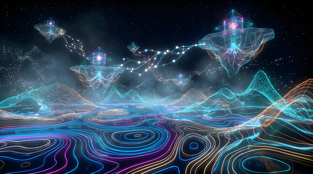 Abstract digital network landscape with glowing data lines and topographic contour map lines on a dark background