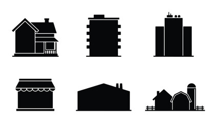 Diverse Building Silhouettes: Residential House, Apartment Block, Office, Shop, Barn, Vector Icons for Architecture and Cityscape Design © Masud