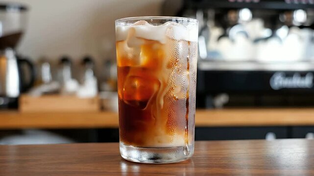 Refreshing Iced Coffee Drink in Clear Glass with Ice and Froth Set Against Modern Caf? Background