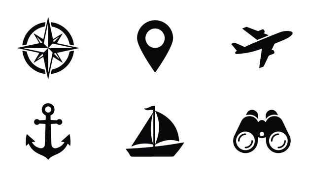 Travel Icons Set: Compass, Map Pin, Airplane, Anchor, Sailboat, Binoculars, Vector Graphics