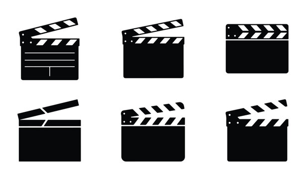 Film Clapperboard Icons Set, Movie Production Slate Symbols, Cinema Scene Markers, Black and White Vector Graphics