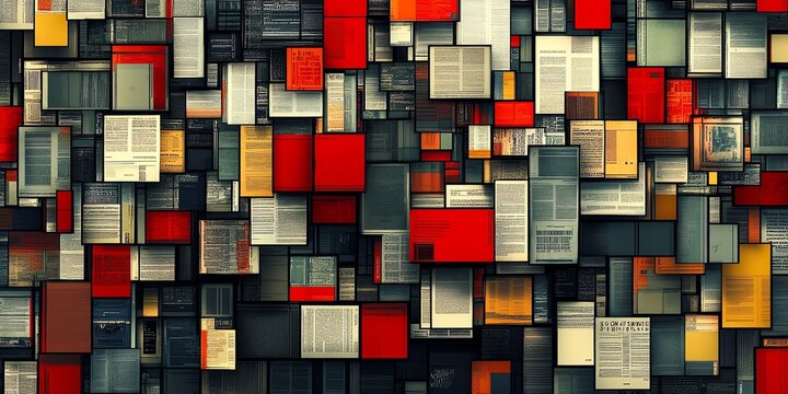 Abstract Book Wall Art with Red, Black, and Yellow Geometric Pattern in Modern Interior
