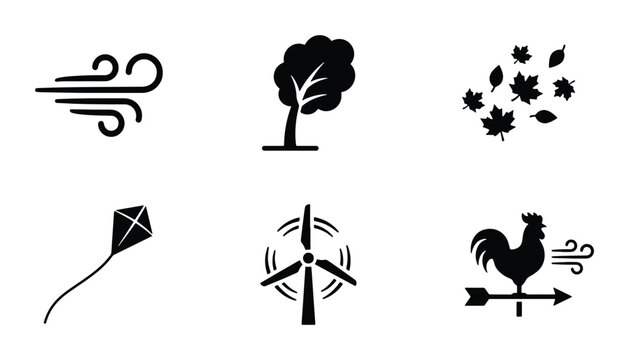 Wind Icons Set: Weather, Nature, Energy, Kite, Rooster, Tree, Leaves
