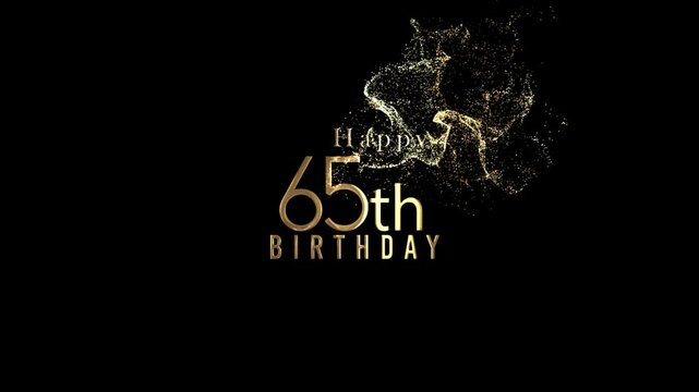 Happy 65th birthday banner with gold particles and transparent background, alpha channel