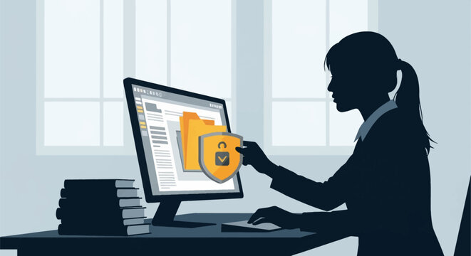 Silhouette of a woman at a computer desk with books, interacting with a digital security shield and folder icon on the monitor for information protection and data privacy.