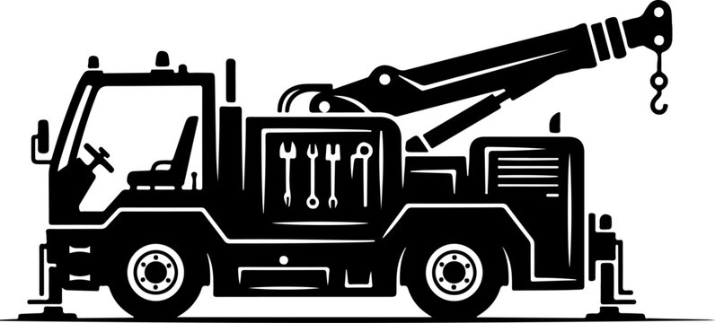 Tow truck, crane vehicle, heavy duty, silhouette, black and white, vector illustration