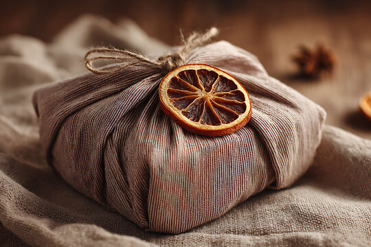 Artisanal gift wrapped in linen fabric with dried orange slice, a sustainable and chic present for conscious celebrations and heartfelt moments