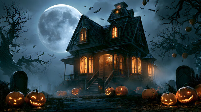 Halloween night background with pumpkins and pumpkin decorations