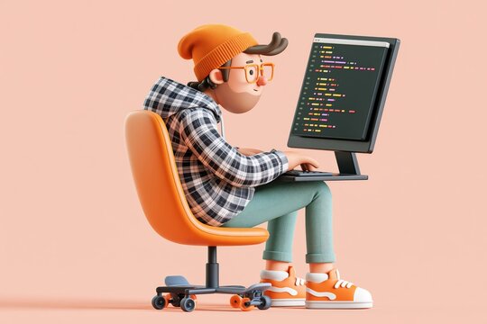 3D Work with software. Man writes code at computer, develops program, website or application. Programmer or IT specialist at work. Freelancer or remote employee. Cartoon 3D vector illustration