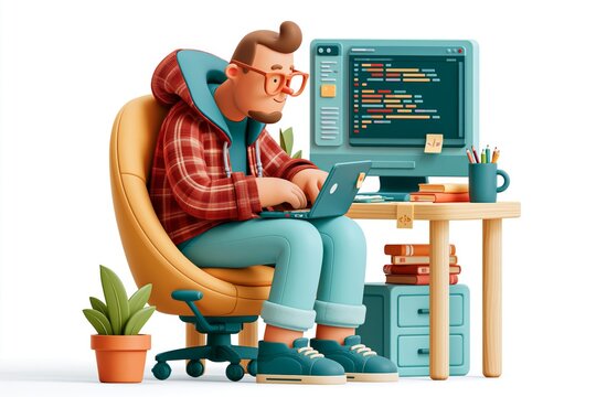 3D Work with software. Man writes code at computer, develops program, website or application. Programmer or IT specialist at work. Freelancer or remote employee. Cartoon 3D vector illustration