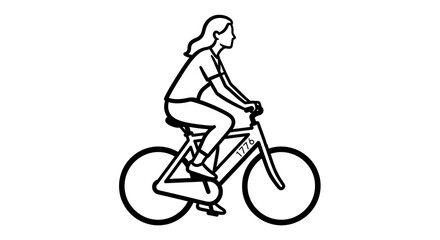 Fototapeta premium Line art vector illustration of a woman cycling on a bicycle ? minimalist black outline
