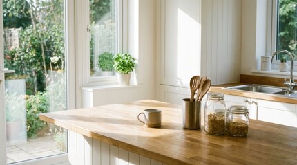 Fototapeta premium Bright and Airy Kitchen Interior with Wooden Countertop and Natural Light.