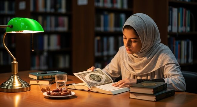 Young Muslim Woman Wearing Hijab Studying Religious Book in Library.