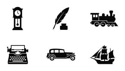 Retro Icons Set: Grandfather Clock, Quill Pen, Steam Train, Typewriter, Vintage Car, Sailing Ship © Khadija