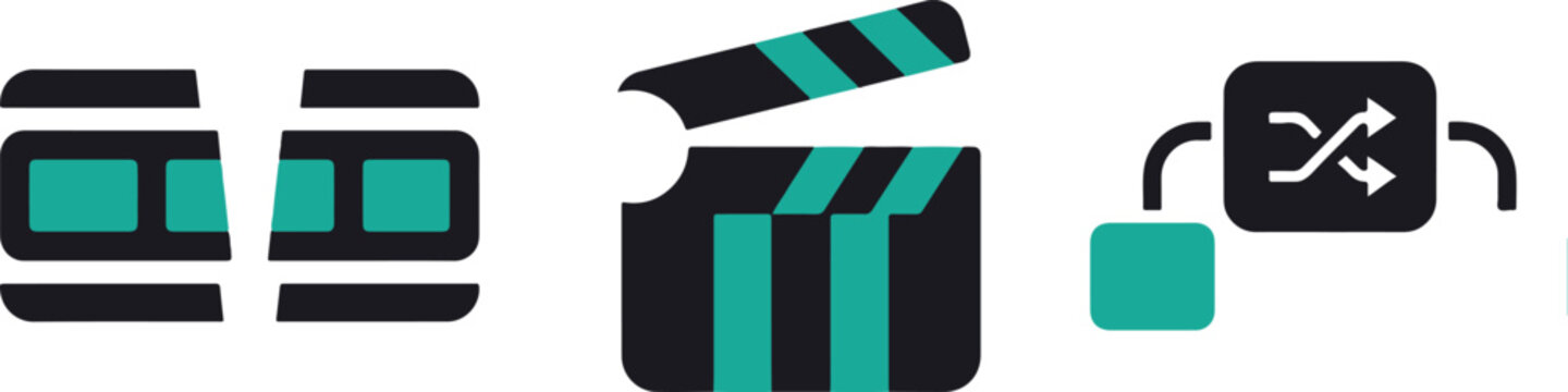 Film, cinema, movie icons, film production, editing symbols, vector graphics