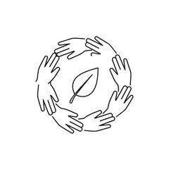 Obraz premium Circular arrangement of hands protecting a central leaf.